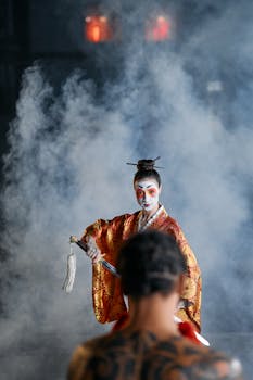 Samurai cosplay scene featuring sword and smoke for dramatic effect.