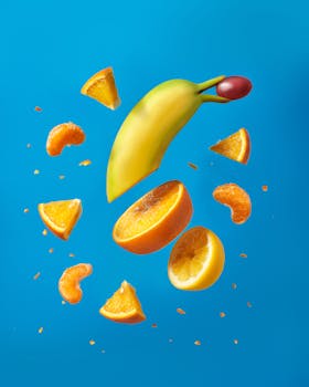 Floating tropical fruits on a bright blue background create a vivid, healthy visual.