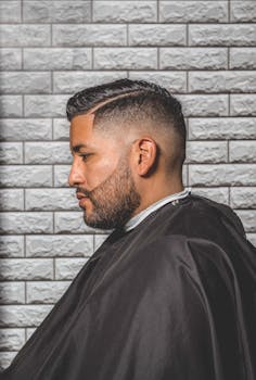 Side view of a man with a modern haircut and beard in a salon setting.