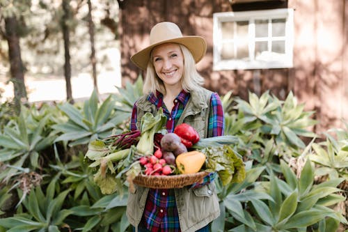 Woman in Blue and Red Plaid Long Sleeve Shirt Holding Basket of Fruits