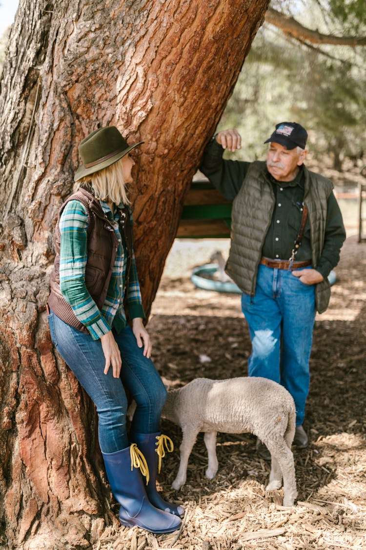 A Sheep Between A Man And A Woman Beside A Tree Trunk