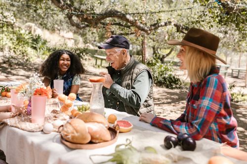Free Friends enjoying a cheerful picnic in a sunny outdoor setting, surrounded by nature. Stock Photo