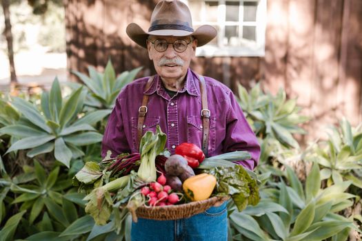 Farmer Holding Basket with Fresh Vegetables
