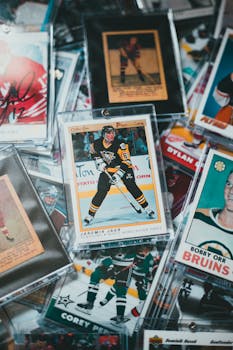 A collection of vintage hockey trading cards featuring famous players, great for sports collectors.