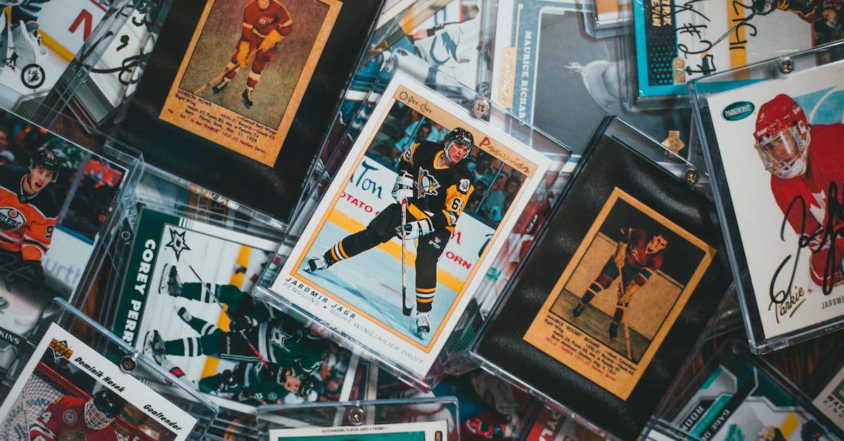A close-up view of assorted vintage and modern hockey trading cards.