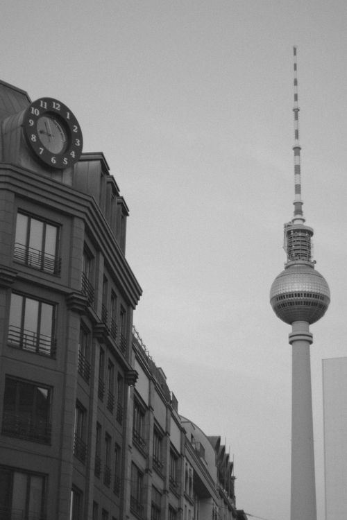 Free Grayscale image of Berlin's urban landscape featuring the iconic TV Tower. Stock Photo