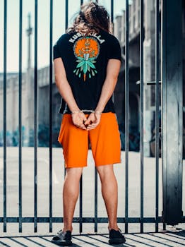 A man in a black shirt and orange shorts stands handcuffed in front of a metal fence.