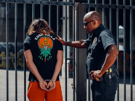 Police officer in sunglasses detains handcuffed individual in orange shorts outdoors.