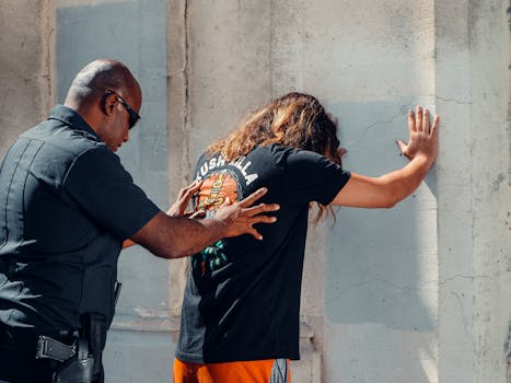 A police officer conducts a frisk on a suspect against a concrete wall outdoors.