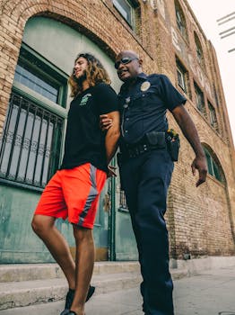 A police officer escorts a man wearing a black shirt and red shorts near a brick building.