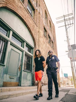 A police officer escorts a suspect in handcuffs near a brick building in an urban setting.