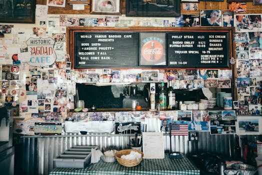 Explore the eclectic decor and vintage charm of the historic Bagdad Cafe diner.
