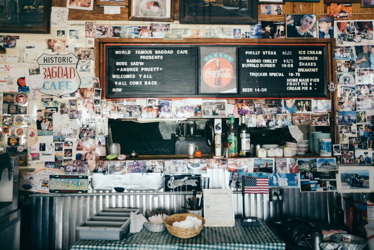 Vintage cafe interior showcasing classic roadside Americana decor