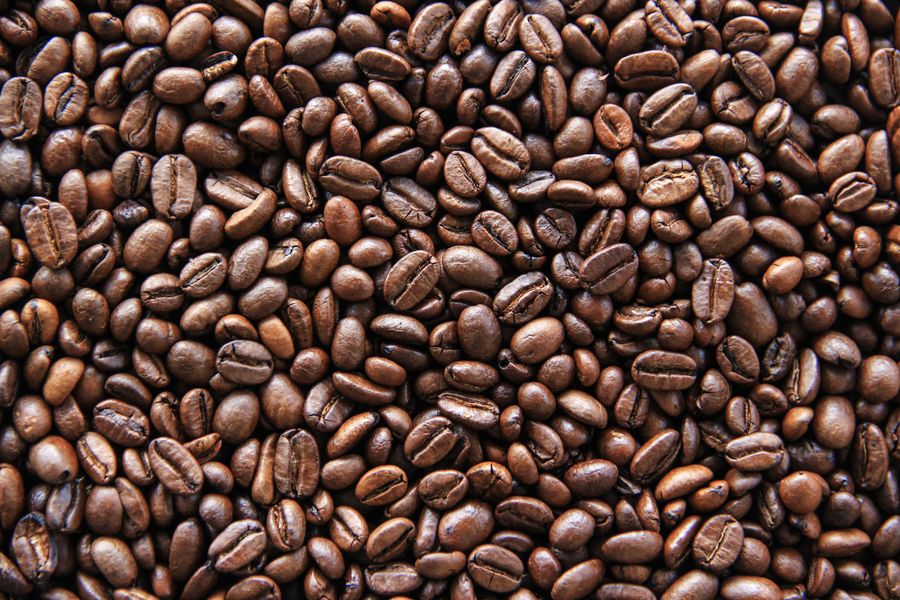 Freshly roasted coffee beans piled in a roastery