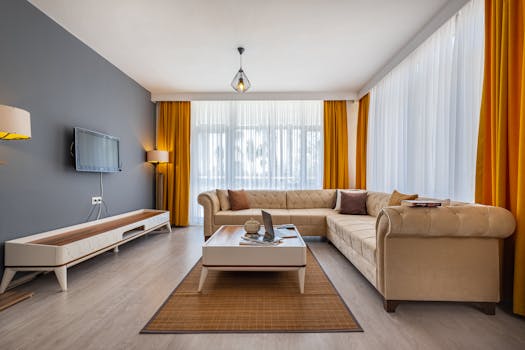 Stylish living room in Antalya, featuring vibrant yellow curtains and classic furniture.