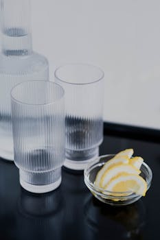 Elegant arrangement of ribbed glasses and lemon slices on a sleek surface.