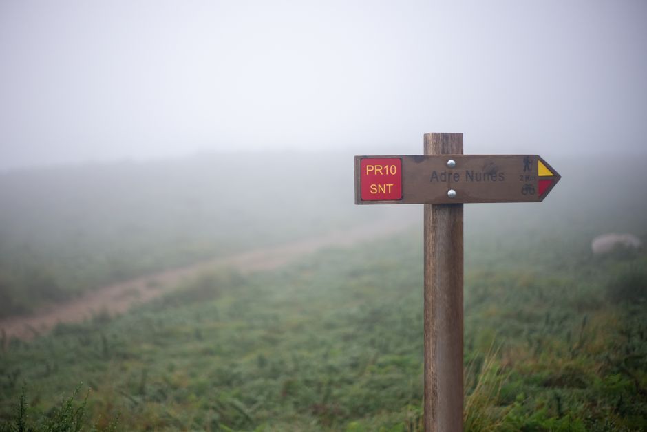 A foggy scene featuring a wooden hiking sign on a dirt road in Portugal.
