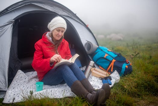 Woman enjoying a peaceful camping experience while reading in a foggy Portuguese landscape.