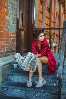 Woman in red robe with face mask reading newspaper on steps.