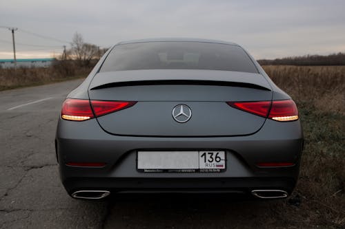 Trunk lid and switched on shiny taillights of gray modern expensive car parked on roadside in rural area