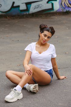 Young woman in casual summer attire sitting on a street, showcasing trendy street style.