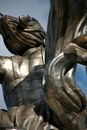 Low angle of fragment of large steel sculpture Worker and Kolkhoz Woman placed in Moscow in Russia in sunny day