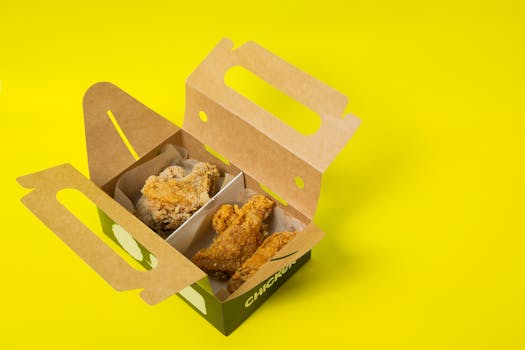 From above of opened cardboard box with takeaway fried chicken meat placed on bright yellow surface in studio
