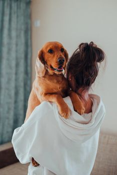 Back view of unrecognizable female owner in hoodie embracing obedient brown Labrador while holding dog in hands in light room