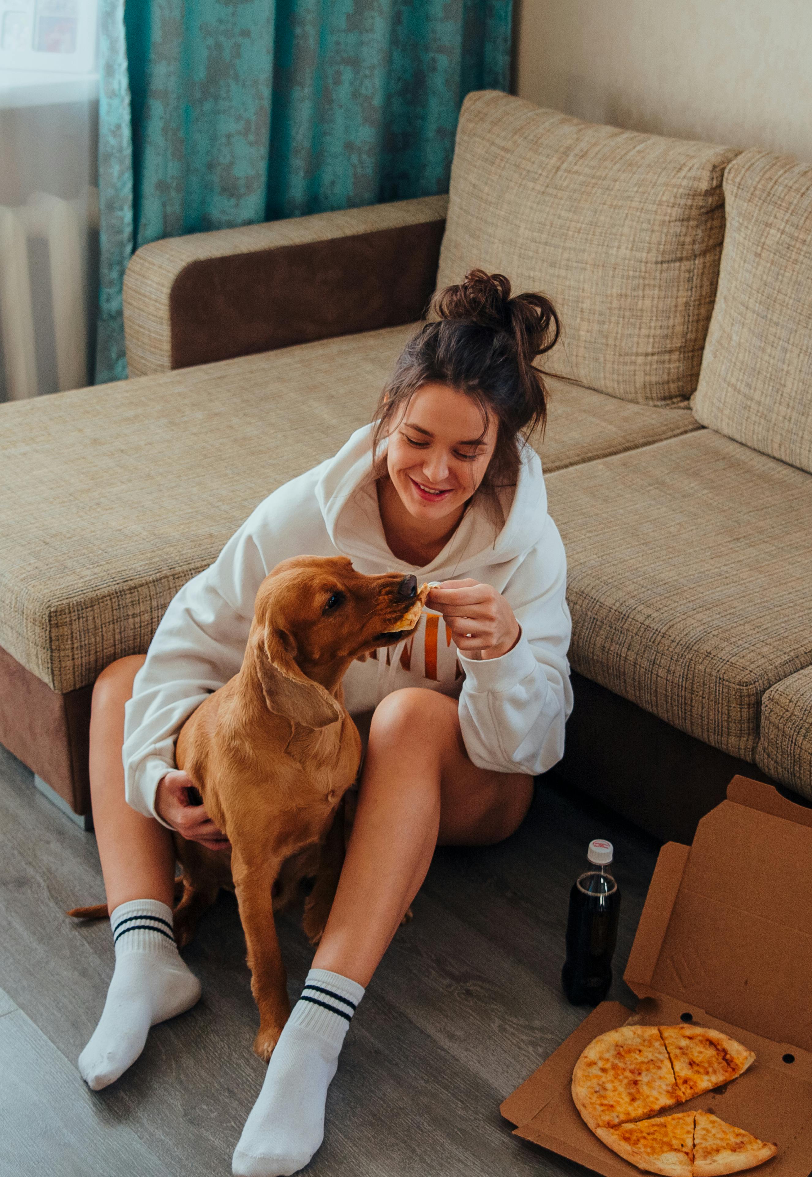 cheerful woman hugging and feeding dog at home