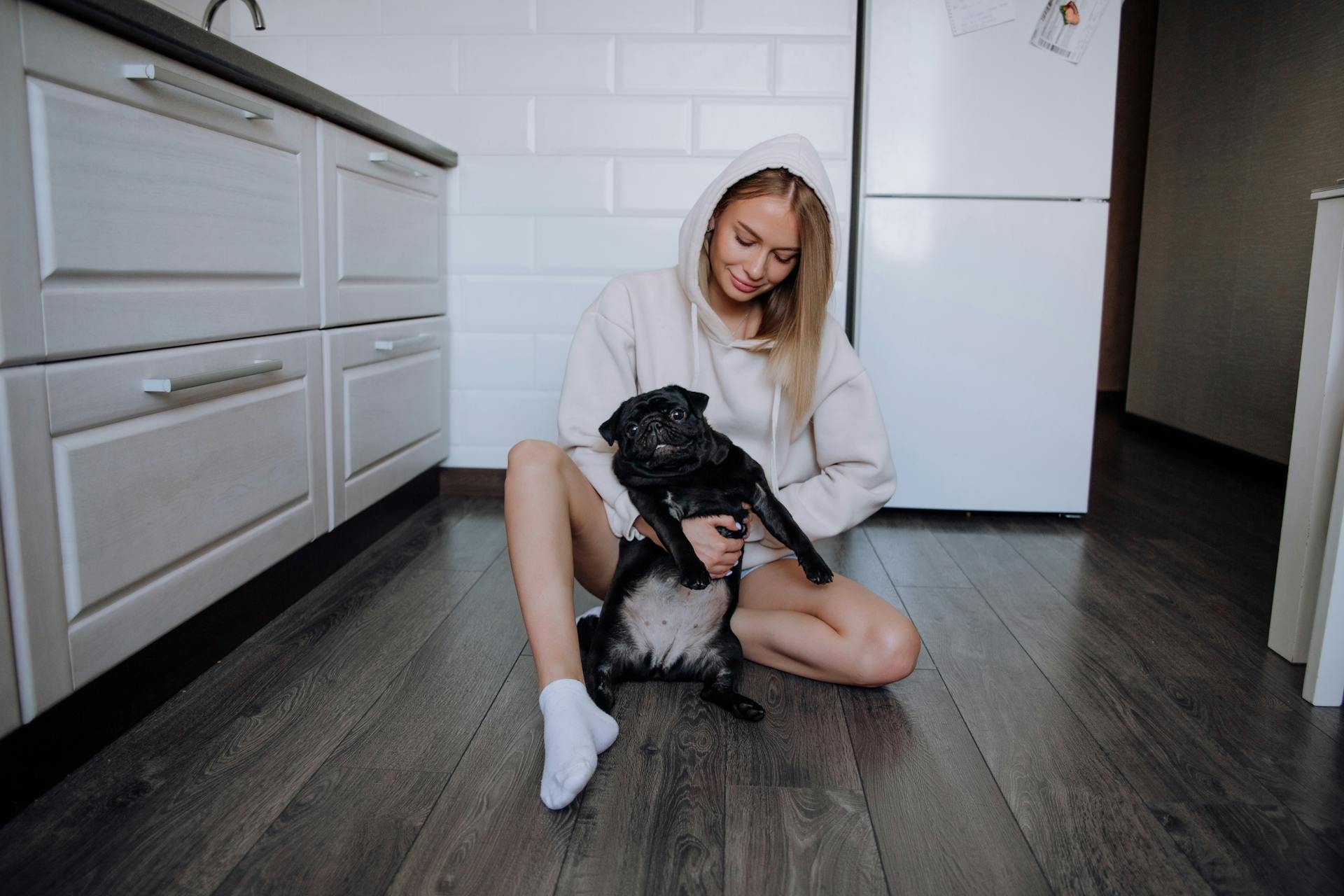 A Woman in a Hoodie Holding a Pug