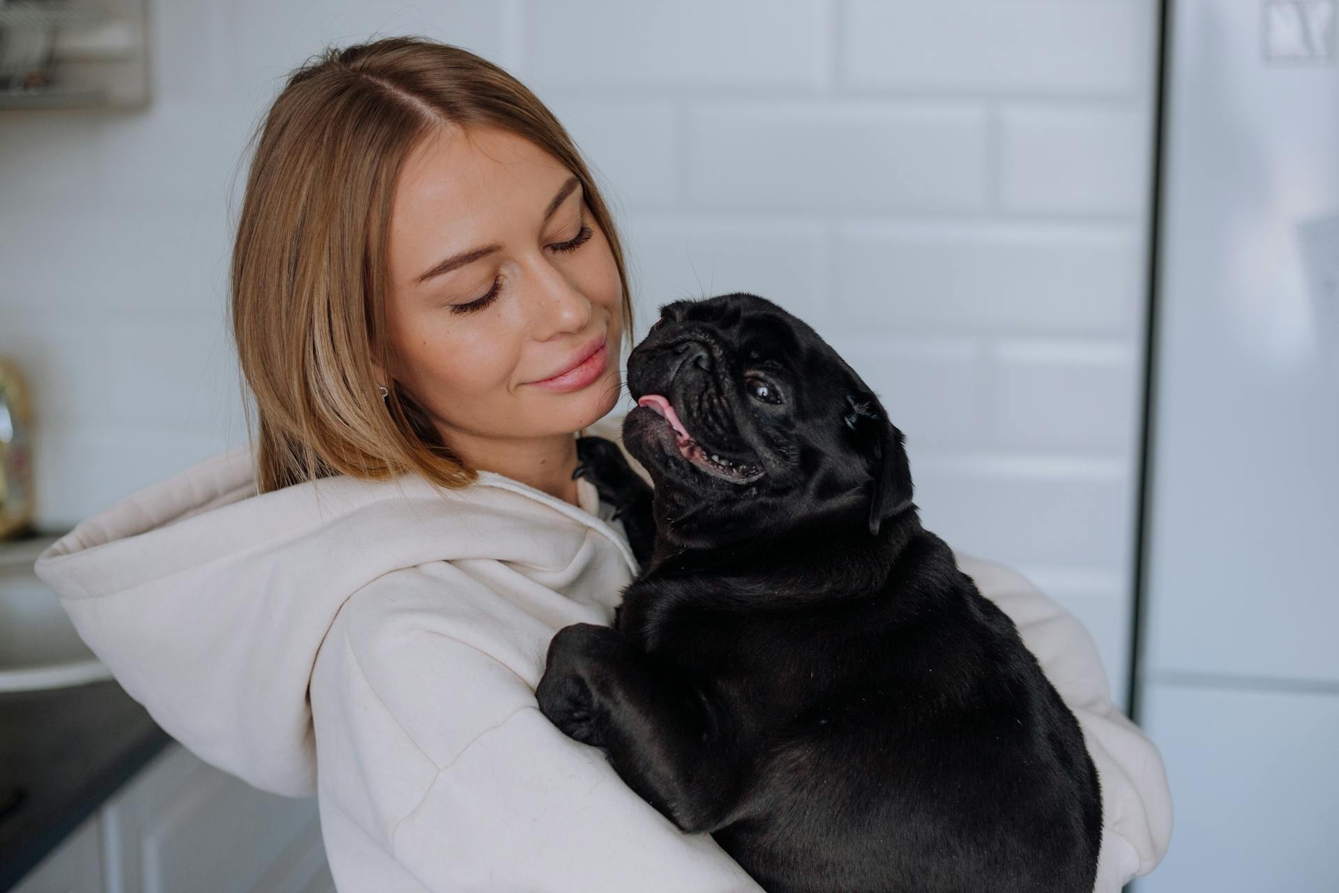 A Woman in a Hoodie Holding a Pug