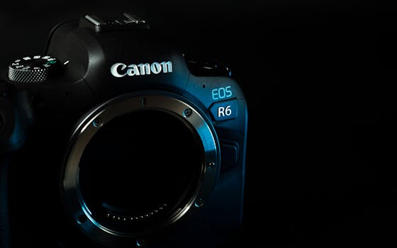 Detailed close-up of a high-end DSLR camera body with a black background, perfect for technology themes.