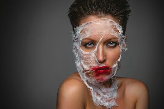 Creative portrait of a woman with gauze bandage on face and bold red lipstick on a gray background.