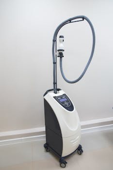 A sleek, modern medical laser device in a clinic environment ready for patient treatment.