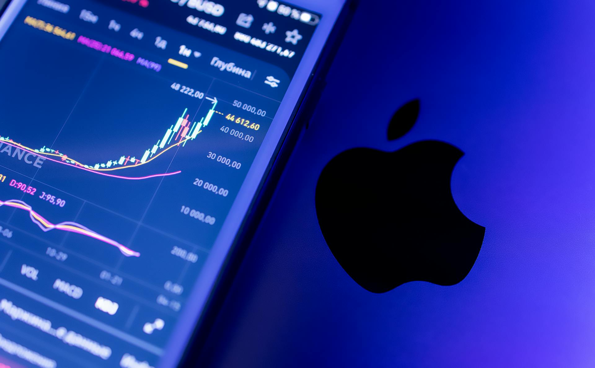 A close-up of an Apple device displaying stock market graphs, indicating economic trends.