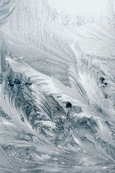 Close-up of intricate frosty patterns on a glass surface, representing winter's beauty.