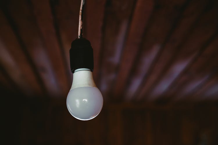 Close-up Of A Light Bulb Hanging From The Ceiling 