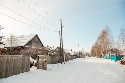 Brown Wooden Houses Near Snow Covered Ground