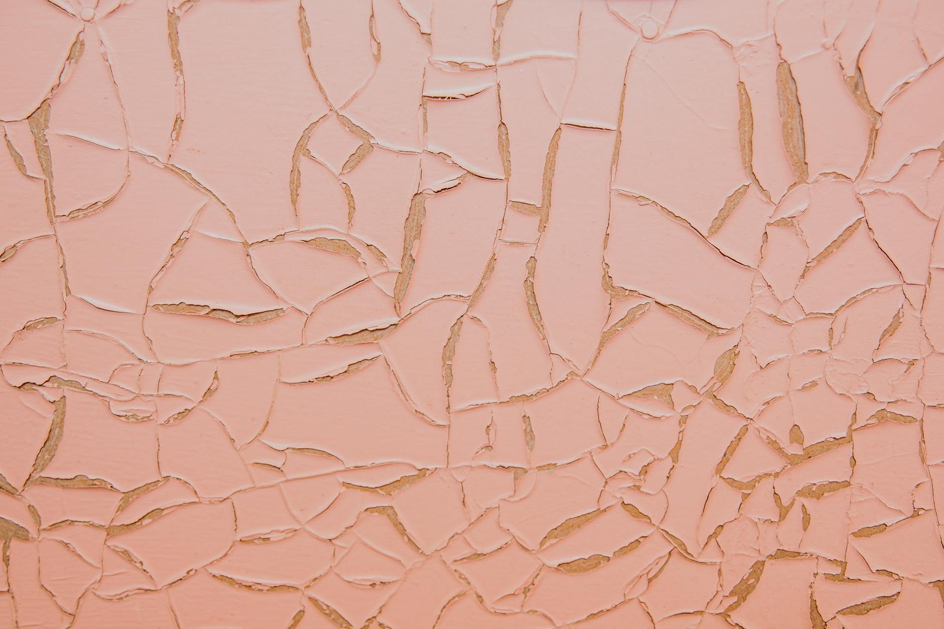 Detailed view of a pink cracked wall surface with unique texture patterns.