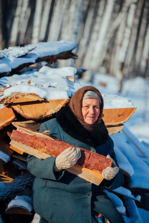 Free Senior woman holding firewood in front of snowy woodpile in winter forest. Stock Photo