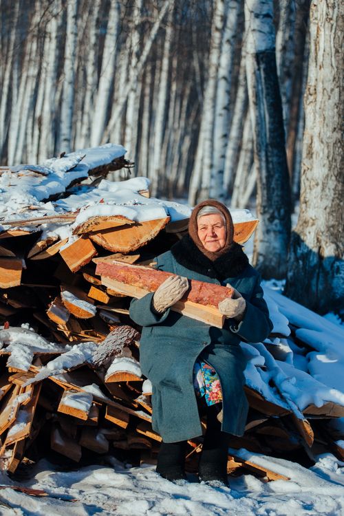 Free An elderly woman in winter clothes holds firewood by a snowy pile in a birch forest. Stock Photo