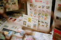 Collection of stamps with illustrations in shop