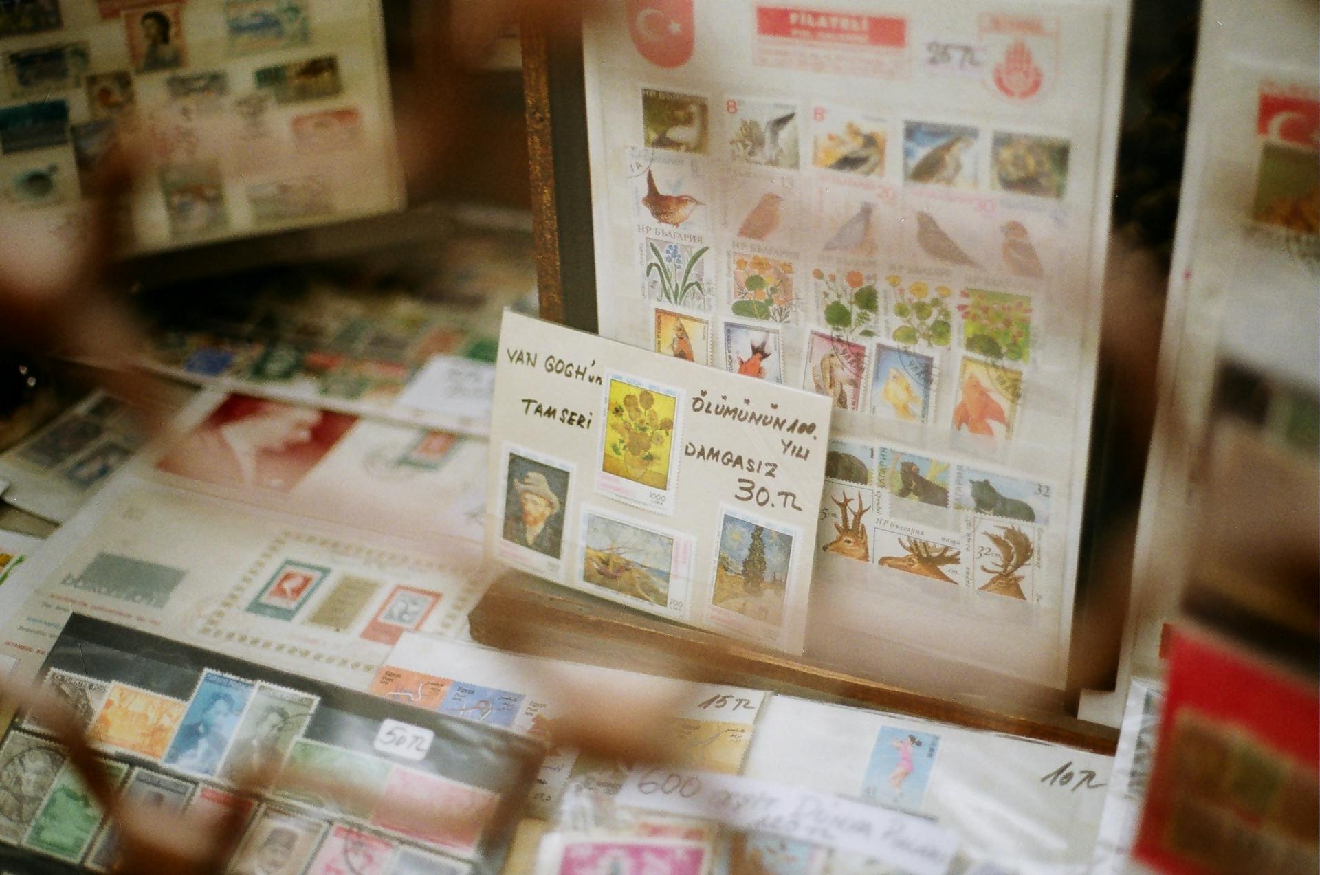 Showcase with assorted postage stamps with illustrations of birds and artworks for sale in shop