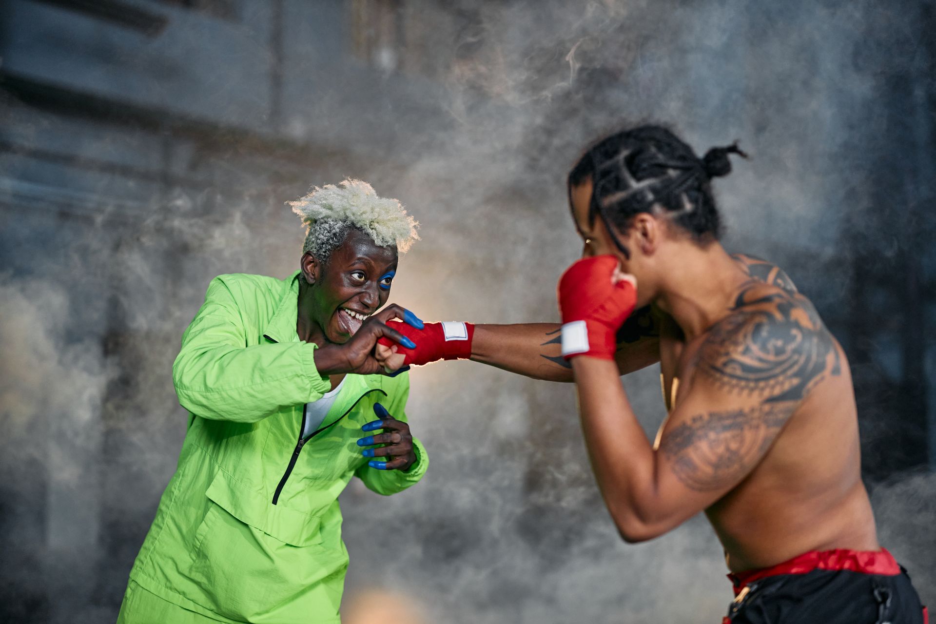 Two Men Fighting while Wearing Their Game Character Costumes