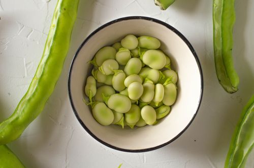 Free A top-down view of fresh broad beans in a bowl, showcasing their vibrant green color. Stock Photo