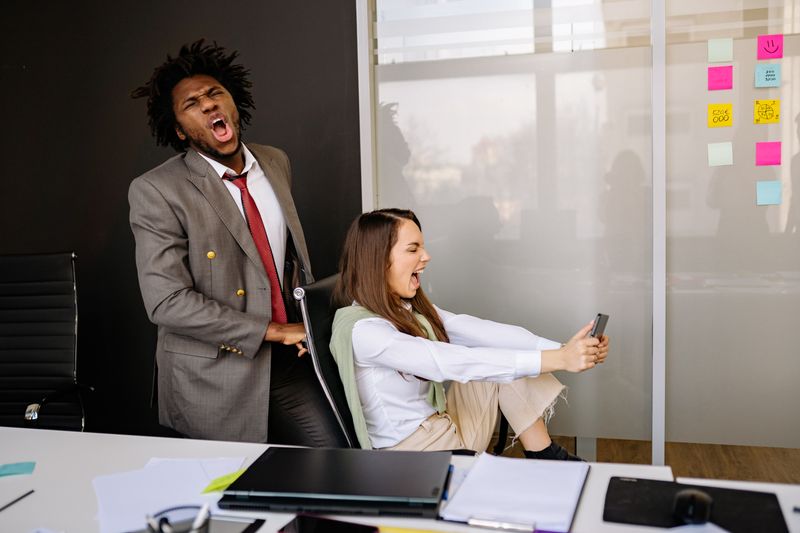 video call screen with two coworkers chatting