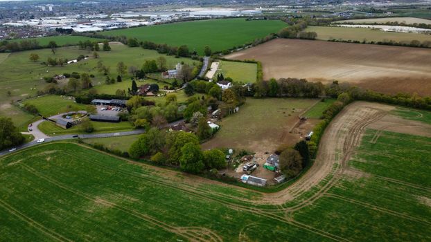 Drone view of lush farmland and countryside in Lower Sundon, England, UK.