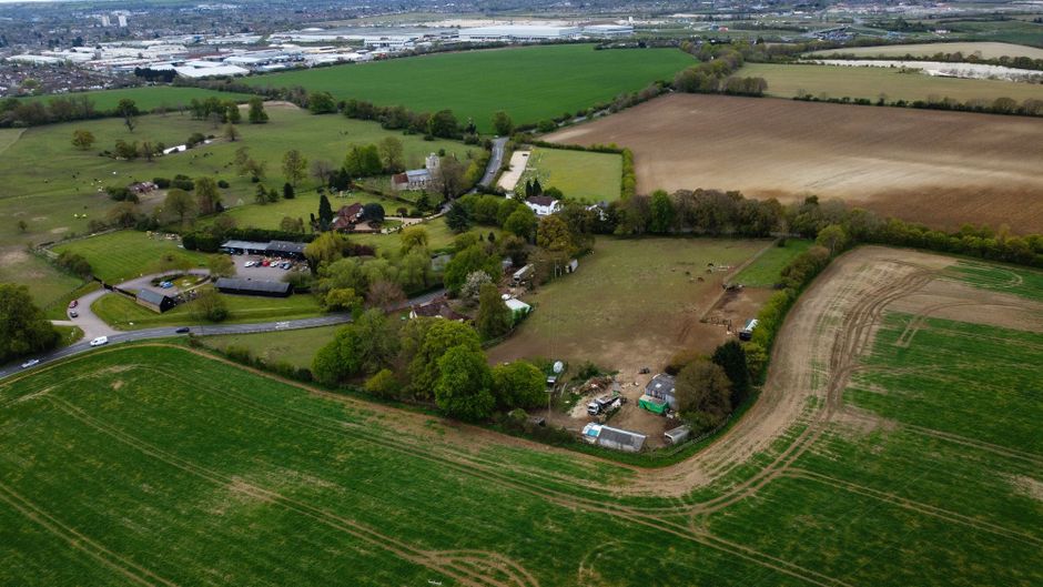 Drone view of lush farmland and countryside in Lower Sundon, England, UK.