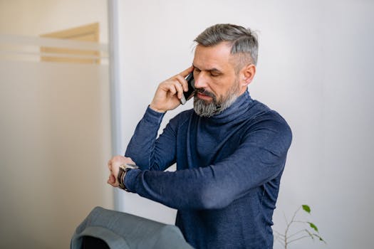 Man with beard speaking on phone while checking the time indoors.
