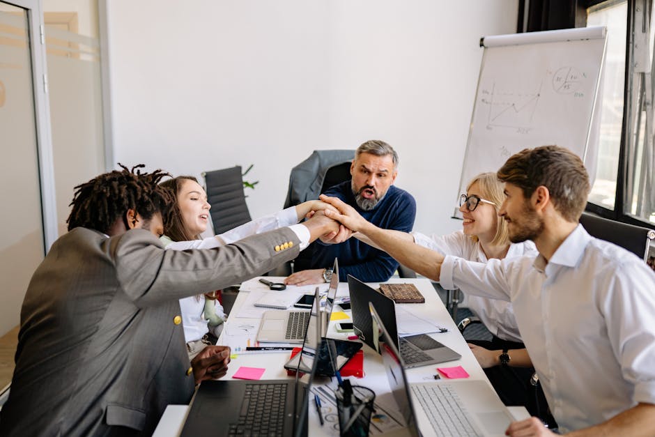 Team huddle in values-aligned organization - values-driven career growth Team huddle in values-aligned organization - values-driven career growth